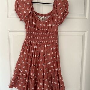 Brown and Red Smocked Tiered Sundress with Puff Sleeves